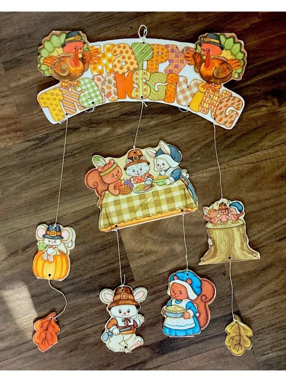 VTG Happy Thanksgiving Letter Garland w Leaf Acorn Cutouts Hanging 2 pc 1980’s